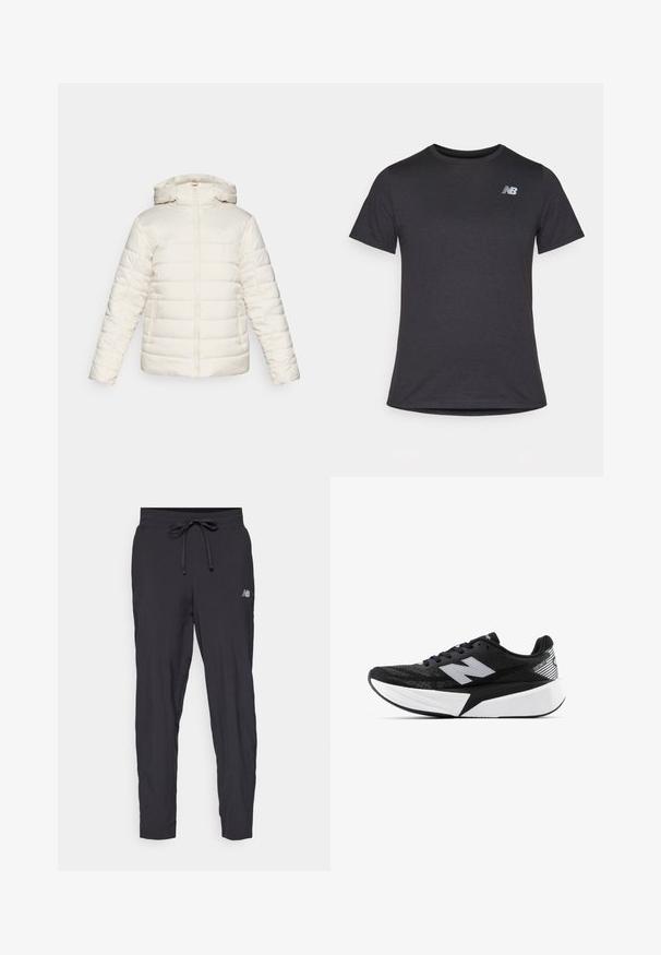 Witte pufferjas met capuchon, voorzien van een ritsluiting, twee zijzakken en een horizontaal gestikt patroon. Subtiel logo aan de voorkant.; Zwarte korte mouwen t-shirt van zacht materiaal, met een klein grijs New Balance-logo op de bovenste linkerborst, klassieke ronde hals ontwerp.; Zwarte trainingsbroek van lichtgewicht materiaal met een elastische tailleband en een verstelbaar trekkoord. Beschikt over een klein logo aan de zijkant.; Zwart-witte New Balance hardloopschoen met een dikke zool, bovenwerk van mesh en het "N"-logo aan de zijkant, bekeken vanaf de buitenzijde.