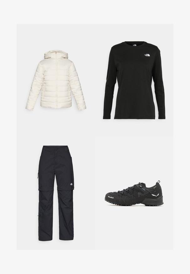 Bijela puffer jakna s kapuljačom, opremljena zatvaračem, s dva bočna džepa i horizontalnim kviltanim uzorkom. Logotip je suptilan na prednjoj strani.; Crni dugih rukava majica od pamuka s okruglim izrezom. Ima mali bijeli logo na lijevoj strani prsnog područja. Jednostavan dizajn i kroj.; Crne najlon hlače s munjevim zatvaranjem, odvojive cargo hlače s podesivim manžetama, brojnim džepovima i logom na desnoj nozi. Glatka, lagana tekstura.; Crne planinarske cipele s gornjim dijelom od teksturirane tkanine, sistemom vezivanja i čvrstim gumenim potplatom. Osvijetljene reflektirajućim detaljima i logotipima.