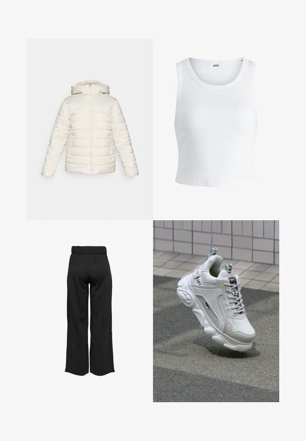 Valge puhvis jakk kapuutsiga, millel on tõmblukk, kaks küljetaskut ja horisontaalne tikandimuster. Logo on esiküljel diskreetne.; Valge ribakujuline tank top, millel on ümmargune kaelus, varrukateta disain ja lühike pikkus. Silt ütleb "JJXX." Sile kangast tekstuur.; Mustad, laiad püksid elastse vöökohtaga, valmistatud siledast kangast. Omab lihtsat disaini, ilma taskute või nähtavate õmbluste detailideta.; Valge tenniseking, mis on valmistatud võrgu- ja nahamaterjalidest, ümardatud varbaga, paksu tallaga, silmapaistvate paeltega ning brändingu ja sildiga kandadel ja keeltel.
