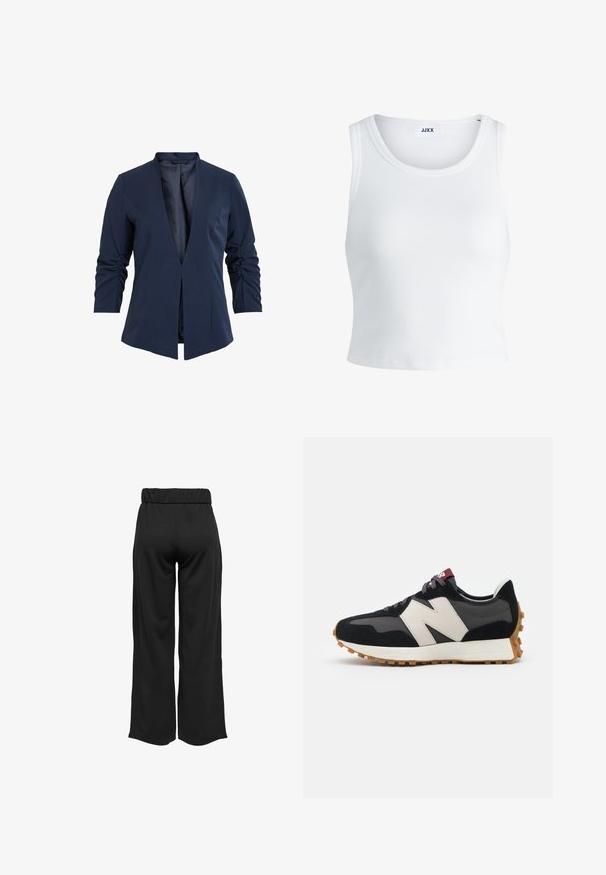 Blazer azul-marinho em tecido suave com um decote em V profundo, mangas longas e detalhes franzidos nas mangas. Design de frente aberta.; Top curto branco com nervuras, apresentando um decote redondo, design sem mangas e um comprimento cropped. Rótulo lê "JJXX." Textura de tecido suave.; Calças largas e pretas com uma cinta elástica, feitas de um tecido suave. Apresentam um design limpo, sem bolsos ou detalhes de costura visíveis.; Sneaker em camurça preta e cinza com um grande logótipo "N" creme, cordões roxos e uma sola de borracha texturizada em cor de goma.