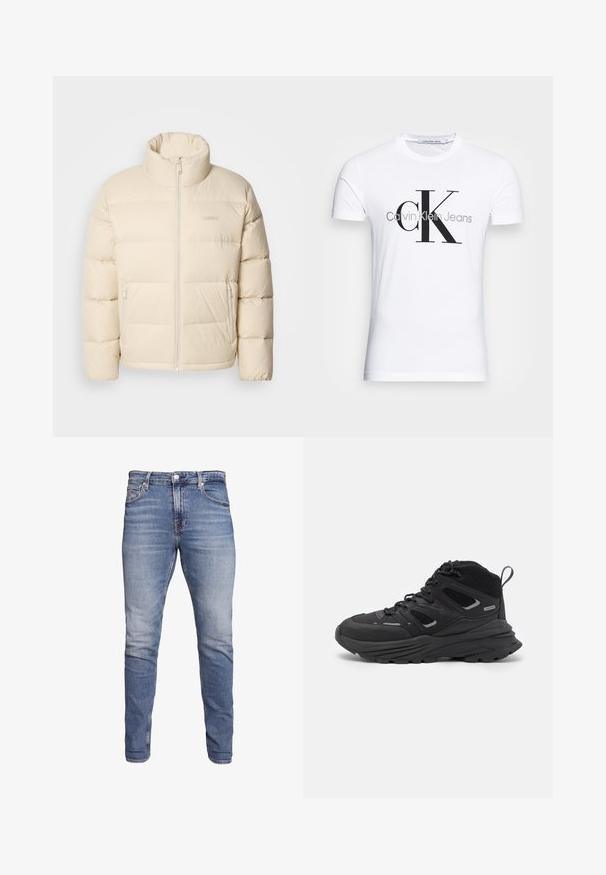 Beige puffjacka med hög krage, dragkedja och två sidofickor. Har en quiltad design och en mjuk, slät yta.; Vit bomulls t-shirt med en svart "CK"-logotyp och texten "Calvin Klein Jeans", korta ärmar och en klassisk rund halsringning.; Blå slim-fit jeans med fem fickor, blekt tvätt, knäppning och bälteshål, uppvisade mot en vit bakgrund.; Svarta vandringsskor med ett flerskiktat mönster, texturerat tyg och gummisula, med förstärkta områden och snörning fram.