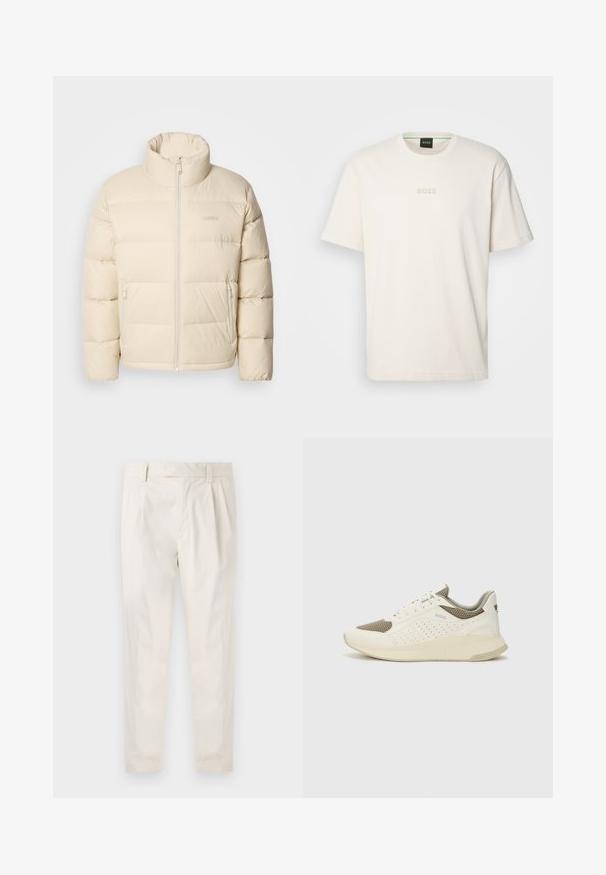Giacca puffer beige con colletto alto, chiusura con zip e due tasche laterali. Presenta un design trapuntato e una texture morbida e liscia.; BOSS TEE - T-shirt basic - open white; Pantaloni bianchi plissettati con taglio su misura, caratterizzati da una texture liscia, passanti per la cintura e gambe affusolate. Nessuna tasca o motivo visibile.; Sneaker atletica bianca e beige chiaro, con tomaia in mesh, dettagli perforati e una suola intermedia texturizzata con marchio sul tallone.