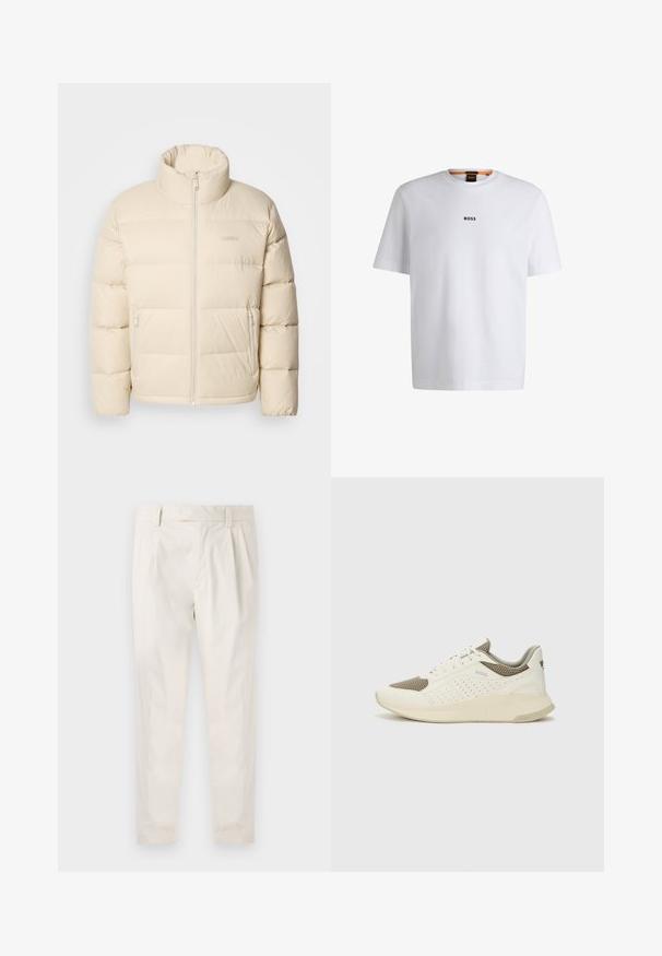 Beige puffer jacket with a high collar, zip closure, and two side pockets. Features a quilted design and soft, smooth texture.; White cotton T-shirt with short sleeves, featuring a black "BOSS" logo centered on the chest and a round neck design.; White, pleated trousers with a tailored fit, featuring a smooth texture, belt loops, and tapered legs. No visible pockets or patterns.; White and light beige athletic sneaker, featuring a mesh upper, perforated detailing, and a textured midsole with branding on the heel.