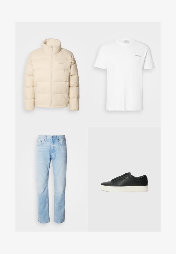 Beige puffer jacket with a high collar, zip closure, and two side pockets. Features a quilted design and soft, smooth texture.; White cotton T-shirt with short sleeves and a crew neckline. Features a small black "Calvin Klein" logo on the left chest.; Light blue denim jeans with a straight leg cut, featuring faded sections, five-pocket design, and a classic button fly.; Black leather sneakers with perforated texture, round toe, and flat white rubber sole. Features black laces and a subtle logo on the side.
