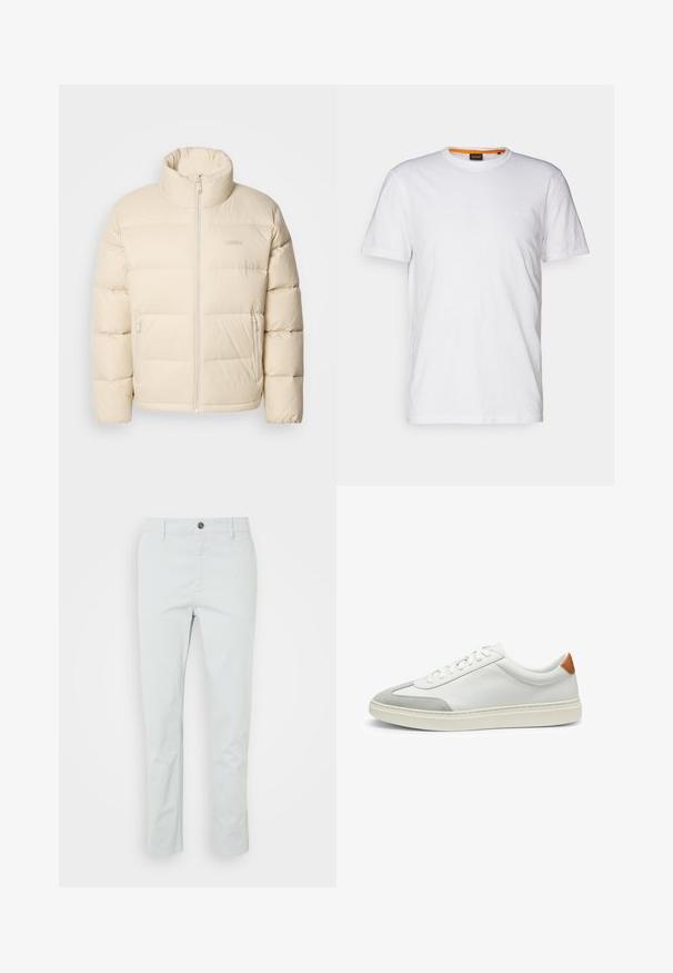 Beige puffjakke med høj krave, lynlåslukning og to sidelommer. Har en quiltet design og en blød, glat tekstur.; Hvid bomulds T-shirt med rund hals, korte ærmer og et subtilt præget logo på brystet. Indvendigt mærke har en orange detalje.; Lys grønne bomuldsbukser med lige pasform, der har en frontknaplukning og sidelommer. Glat tekstur, ingen synlige mønstre.; Hvide lædersneakers med grå ruskindsdetaljer og en tan læderhæltap. Har en struktureret overflade og en let sål.