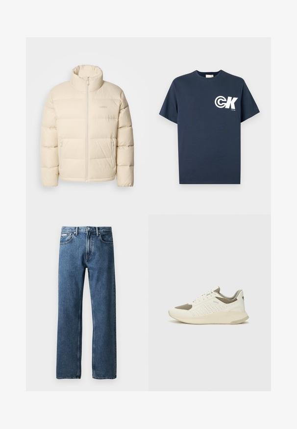 Beige pufferjack met hoge kraag, ritssluiting en twee zijzakken. Heeft een gestikt design en een zachte, gladde textuur.; Marineblauw T-shirt met korte mouwen en ronde hals, voorzien van een witte CK-logo en de tekst "Calvin Klein" op de linkerborst.; Blauwe rechte spijkerbroek met een hoge taille, knoop- en ritssluiting, voorzakken en een klein wit merketiket op de rechterzak.; Witte en lichtbeige sport sneaker, met een bovenwerk van mesh, geperforeerde details en een gestructureerde tussenzool met branding op de hiel.