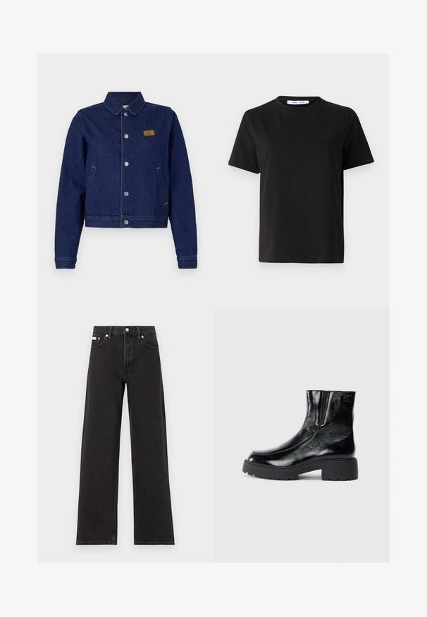 Tumši zilo džinsu jaka ar apkakles izgriezumu, sudraba pogu aizdari un mazu logo uzšuvumu kreisajā krūtī. Iekļauj divas sānu kabatas.; Melna īsām piedurknēm T-kreklu, kas izgatavots no mīksta kokvilnas, ar apļveida kakla izgriezumu, brīvu piegriezumu un gludu tekstūru. Nav redzamu rakstu vai grafikas.; Melni platmalu džinsi, kas izgatavoti no denima, ar augstu vidukli, piecu kabatu dizainu un metāla pogas aizdari ar kontrastējošu šuvumu.; Melnas potītes zābaki ar spīdīgu lakotu ādas apdari, masīvu melnu gumijas zoli un paaugstinātu papēdi; satur subtilu logotipa detaļu sānu daļā.