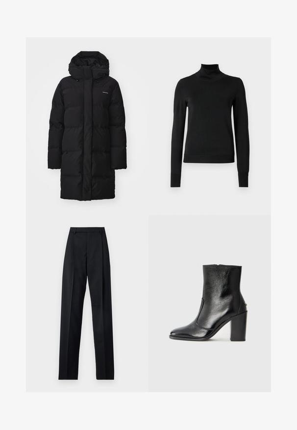 Melnā pūkainā jaka ar augstu apkakli un regulējamu kapuci, ar kvadrātveida šuvēm un logotipu augšējā kreisajā pusē. Garas piedurknes un taisna piegriezuma forma.; Melnas garām piedurknēm turtlenecks džemperis ar ribotām aprocēm un apakšmali, attēlots uz vienkārša balta fona.; Melnas bikses, izgatavotas no gludas auduma, ar augstu vidukli, platiem bikšu galdniekiem, priekšējiem krokām un klasiskām jostu cilpām. Sānu kabatas nav redzamas.; Melnas ādas potīšu zābaki ar gludu tekstūru, smailu purngalu un masīlu augstu papēdi. Iekļauts sānu atvērums un minimālistisks dizains.