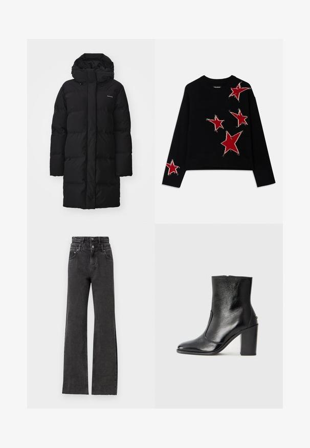 Fekete puffernadrág magas gallérral és állítható kapucnival, tűzött részekkel és logóval a bal felső oldalon. Hosszú ujjú és egyenes fazonú.; Fekete kötött pulóver kerek nyakkivágással, amelyen több piros csillagmotívum található, rojtos szélekkel az elején és az egyik ujján.; Fekete, magas derekú farmer az egyenes szárú dizájnjával, diszkrét kopott hatásával és fém gombos részleteivel a deréknál.; Fekete bőr bokacipő sima textúrával, hegyes orral és vastag, magas sarkával. Oldalnyílással és minimalista dizájnnal rendelkezik.