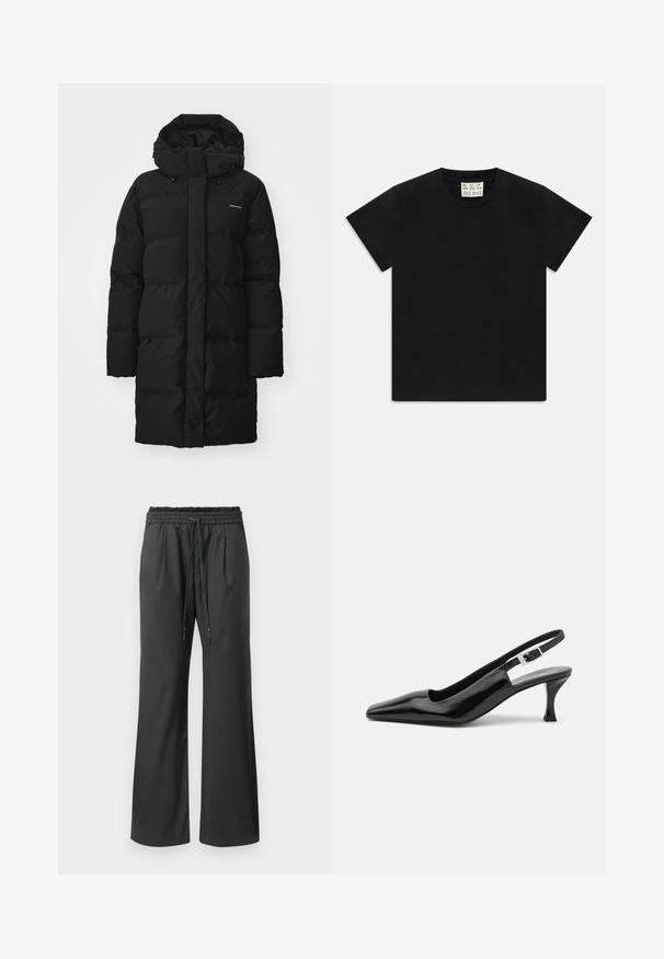 Zwarte pufferjas met een hoge kraag en een verstelbare capuchon, met doorgestikte stukken en een logo aan de bovenkant aan de linkerkant. Lange mouwen en een rechte pasvorm.; Zwarte t-shirt met korte mouwen en ronde hals met een wit label binnen in de kraag, waarop "D.R.C. EST. 2002" staat, tegen een witte achtergrond.; Zwarte wijde broek met elastieken tailleband en lange trekkoorden, weergegeven tegen een plain witte achtergrond.; Zwarte gepatenteerde slingback hoge hakken met een puntige neus en een zilveren gesp detail op de hak, met een gladde, glanzende afwerking.