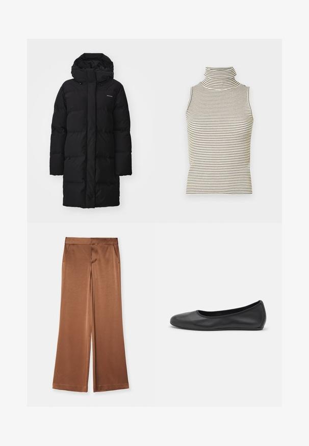 Černá péřová bunda s vysokým límcem a nastavovací kapucí, s prošívanými částmi a logem na levé horní straně. Dlouhé rukávy a rovný střih.; Top bez rukávů s vysokým, těsným rolákem a vertikálními černobílými pruhy, vyrobený z texturované pleteniny.; Hnědé široké kalhoty vyrobené z saténu, s bočními kapsami, hladkou texturou a tvarovaným pasem pro strukturovaný střih.; Černé kožené baletní byty s kulatou špičkou, hladkou texturou, minimálními švy a flexibilním designem podrážky.