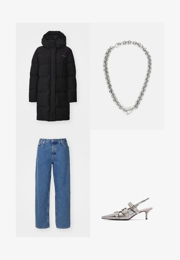 Čierna páperová bunda s vysokým golierom a nastaviteľnou kapucňou, ktorá má prešívané sekcie a logo na hornej ľavej strane. Dlhé rukávy a rovný strih.; Svetloružová bavlnená tričko s kulatým výstrihom, s jemne vyšívaným strieborným logom "Calvin Klein" a diskrétnym dizajnom "CK" na hrudi.; Svetlomodré džínsy s vysokým pásom, rovnými nohavicami, štýlom s piatimi vreckami a mierne vybledlou textúrou. Zapínanie na nit a gombík.; Metalická strieborná slingback obuv na podpätku s špicatou špičkou, s tromi širokými popruhmi a štvorcovými metalickými sponami. Lesklý povrch a štíhly podpätok.; Strieborný reťazový náhrdelník s prepojenými okrúhlymi článkami a lešteným srdcovým akcentom v strede. Obsahuje bezpečné zapínanie.