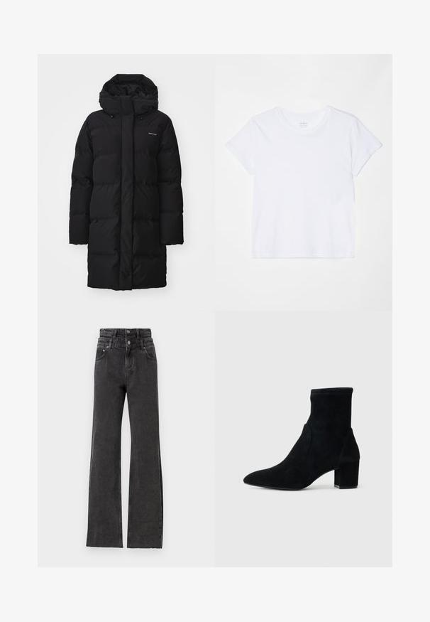 Must must coat kõrge kraega ja reguleeritava kapuutsiga, millel on tikitud osad ja logo vasakul ülanurgas. Pikad varrukad ja sirge lõige.; FRAME BABY TEE - Lihtne T-särk - white; Mustad kõrge vöökohtadega mustad teksad iseloomustavad sirge jala disain, tagasihoidlik kulumisjälgede detail, ning metallist nupud vöö kohal.; Must musta ankle-saapad terava ninaga, keskmise kõrgusega ploki kontsaga ja elastse varrega. Sile tekstuur, ilma nähtavate riistade või aktsentideta.