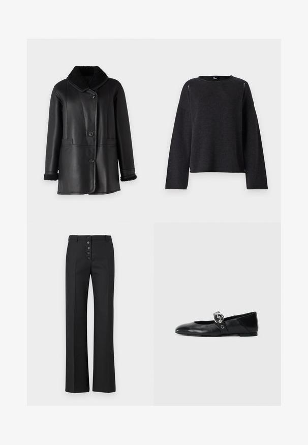 STUDIO ID NAPPA COAT - Nahkjakk - black silky; Must mustriga sviiter ümmarguse kaelusega, pikkade varrukatega ja lõdva lõikega. Omab õlavarreõmblustes ja sirgel alläärel peeneid detaile.; The Kooples PANTALON - Püksid - black; Mustadest nahast balleti kingad terava varbaga, millel on rihm ümmarguse metallist pandlaga ja lame tald.