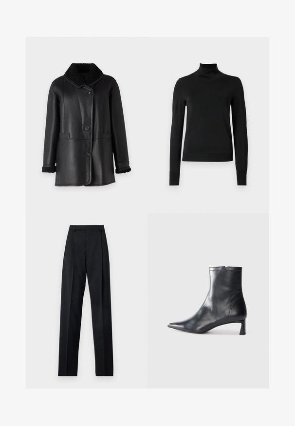 STUDIO ID NAPPA COAT - Odinis švarkas - black silky; Juoda ilgomis rankovėmis turtleneko tipo megztinis su rebruotomis rankovėmis ir apačia, eksponuojamas ant paprasto balto fono.; Juodos kelnės iš lygaus audinio, pasižyminčios aukštu liemeniu, plačiomis kojomis, priekinėmis klostėmis ir klasikiais diržo kilpomis. Šoninių kišenių nematyti.; Juodas odinis kulkšninis batas su smailiu pirštu ir elegantišku dizainu. Turi žemą kulną ir užtrauktuką gale. Lygi tekstūra.