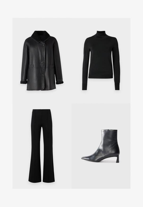 STUDIO ID NAPPA COAT - Jachetă piele - black silky; Pulover negru cu mânecă lungă și guler tip colier, cu manșete și tiv cu elastic, expus pe un fundal alb simplu.; Pantaloni negri evazați, cu talie înaltă, fabricați dintr-un material elastic. Prezintă detalii cu cusături verticale în față și o textură netedă.; Cizmă de gleznă din piele neagră cu vârf ascuțit și un design elegant. Dispune de un toc mic și de o închidere cu fermoar la spate. Textură netedă.