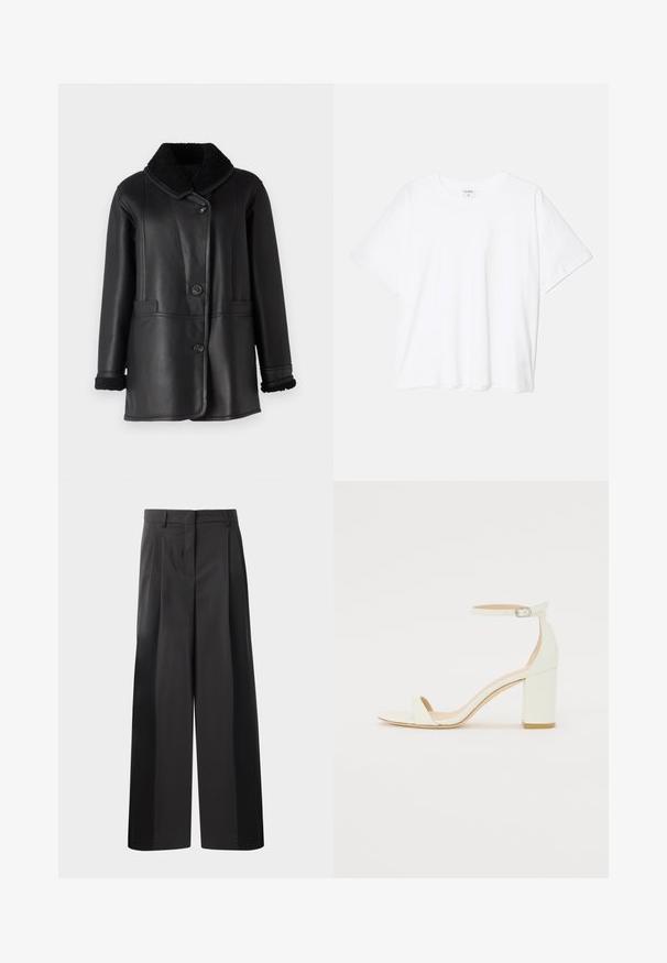 STUDIO ID NAPPA COAT - Odinis švarkas - black silky; Balta medvilnės marškinėliai trumpomis rankovėmis, apvalia iškirpte, laisvo kirpimo ir su siūtu kraštu. Etiketė matoma vidinėje iškirptės pusėje.; Juodos plačios kelnės su aukštu liemeniu, su priekinėmis raukšlėmis, glotnia tekstūra ir pritaikytu apdailos stiliumi. Sukurtos laisvam sėdėjimui.; Baltos odos blokinio kulno sandalai, su kulkšnies dirželiu ir sagtimi, minimalistinio dizaino. Atvira pirštų dalis ir sklandžios tekstūros visoje.