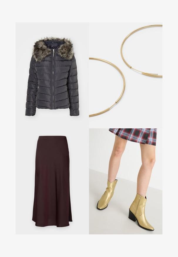 Čierna nadýchaná bunda s umelým kožušinovým kapucňou, so zipsom vpredu a prešívaným dizajnom. Obsahuje bočné vrecká a priliehavý strih.; Čierny sveter s dizajnom soba, ktorý má zlaté flitrové parohy, ružové ušné detaily, červený pom-pom nos a zelené a červené korálkové akcenty.; Burgundská saténová midi sukňa s hladkou textúrou, priamym strihom a mierne rozšíreným spodným okrajom. Žiadne viditeľné vzory ani kovové detaily.; Zlaté kovové členkové topánky s špicatými prstami, so zipsom a blokovým podpätkom. Hladká textura s prešívanými akcentmi a klasický tvar.; Zlaté kruhové náušnice, tenké a okrúhleho tvaru, s hladkým kovovým povrchom a bez ozdôb alebo vzorov.