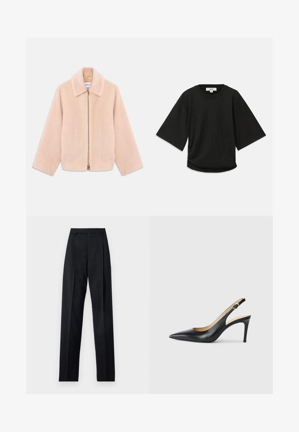 Lagani bež lažni krzneni kaput s dugim rukavima, ovratnikom i zlatnim zatvaračem na sredini na bijeloj pozadini.; Crna kratka majica s kratkim rukavima, izrađena od mekog pamuka, s okruglim izrezom i opuštenim krojem te suptilnim nabiranjem sa strane.; Crne hlače od glatkog materijala s visokim strukom, širokim nogavicama, prednjim pregibima i klasičnim petljama za remen. Nema vidljivih bočnih džepova.; Crne kožne slingback visoke potpetice s šiljastim nosom, podesivim trakama i elegantnim stiletto potpeticama, s glatkom završnom obradom.