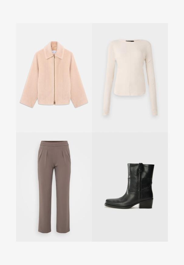 Φωτεινό μπεζ ψεύτικο γούνινο μπουφάν με μακριά μανίκια, γιακά και χρυσό φερμουάρ που κλείνει στο κέντρο, σε λευκό φόντο.; Μακρυμάνικη, ανοιχτό μπεζ μπλούζα με στρογγυλή λαιμόκοψη. Φτιαγμένη από μαλακό ύφασμα, διαθέτει κεντρική ραφή και ελαφρώς καμπυλωτό τελείωμα. Χωρίς ορατά αξεσουάρ.; Ταπέ τζιν χαλαρού στιλ με ελαστική μέση και πιέτες μπροστά, κατασκευασμένα από απαλή ύφανση.; Μαύρη δερμάτινη μπότες αστραγάλου με στρογγυλή μύτη, τετράγωνη φτέρνα, πλαϊνό φερμουάρ και ραφές στη μύτη. Ομαλή υφή, κλασικός σχεδιασμός.