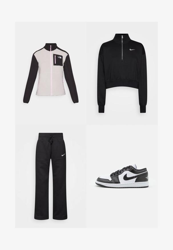 Casaco de polar com corpo cinza e mangas pretas. Apresenta um fecho éclair rosa e um bolso no peito preto com logótipo. Possui dois bolsos laterais com fecho.; Sweatshirt preto cortado com colarinho alto, fecho de meia-zíper, punhos com nervuras e um pequeno logótipo branco da Nike no lado esquerdo do peito. Tecido de textura suave.; Calças de moletão pretas feitas de uma mistura de algodão, com um cós elástico ajustável, pernas retas e um logo da Nike branco no lado esquerdo.; As sapatilhas Nike de cano baixo, em preto e branco, apresentam um cabedal em couro liso, bico redondo, fecho com atacadores e uma sola de borracha com padrão.