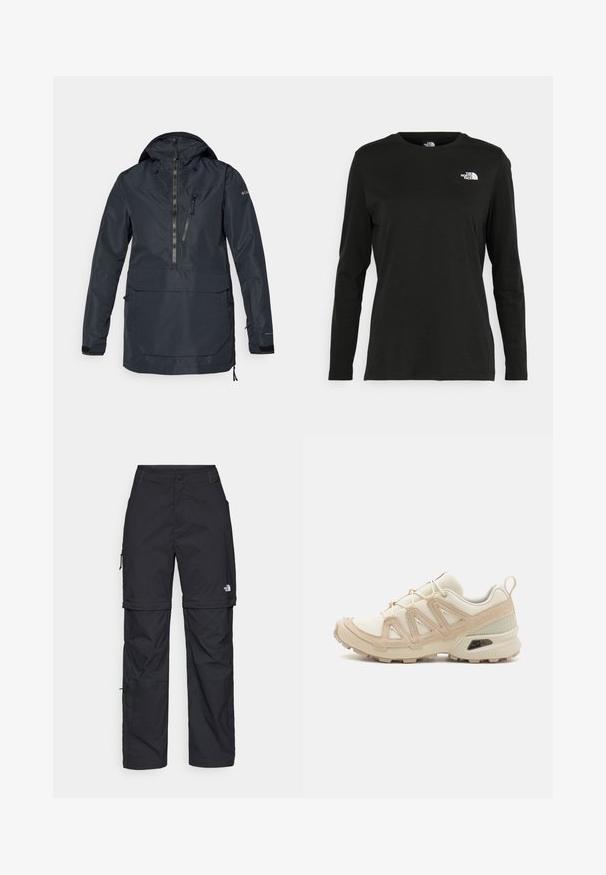 Jūras spēku ūdensizturīga jaka ar kapuci, ceturtdaļas rāvējslēdzēju, priekšējo kabatu ar rāvējslēdzēju, regulējamiem aproces galiem un auklām ap apakšmalu un kapuci.; Melnas garām piedurknēm T-krekls, izgatavots no kokvilnas ar apaļu kaklu. Tam ir mazs balts logo kreisajā krūtīs. Vienkāršs dizains un piegulums.; Melni nailona bikses ar noņemamām kājām, regulējamiem uzmavām, vairākām kabatām un logotipu uz labās kājas. Gluda, viegla tekstūra.; Beige un krēma sporta apavi ar strukturētu tīkla virsmu, atbalstošajiem slāņiem un gumijas zoli ar protektoru rakstu, kas nodrošina saķeri.