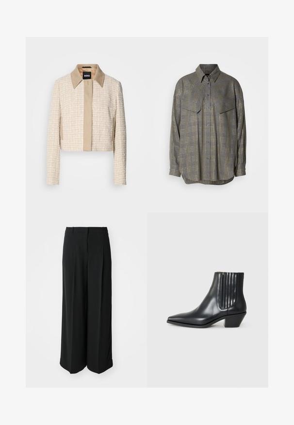Cropped jacket in light beige tweed with a smooth beige collar, featuring a simple front closure and a textured woven design.; Gray button-up shirt made of textured fabric, featuring a grid pattern in lighter shades, a collar, and two chest pockets.; Black wide-leg trousers made of smooth fabric, featuring a high waistband and front pleats for a tailored fit.; Black leather ankle boot with pointed toe, elastic side panels with vertical grooves, and a low block heel. Smooth texture and sleek design.