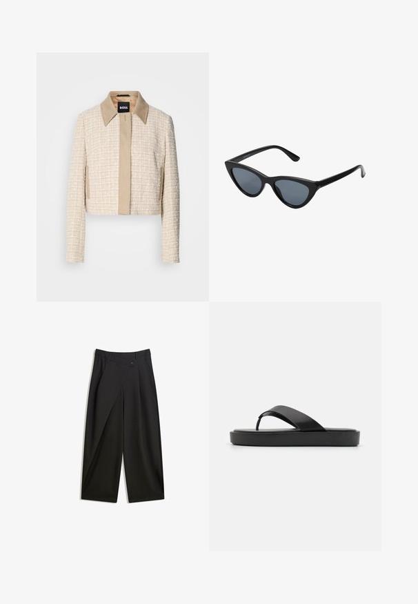 Giacca corta in tweed beige chiaro con colletto beige liscio, caratterizzata da una semplice chiusura frontale e un design tessuto testurizzato.; Tessuto con pois neri su uno sfondo beige chiaro. Il design presenta cerchi solidi, equidistanti, su una superficie liscia.; Pantaloni neri a gamba larga realizzati in tessuto morbido. Presentano una piega frontale, chiusura con bottone e una vita sagomata per una vestibilità elegante.; Infradito neri con una fascia superiore liscia e una suola piatta strutturata. Design minimalista con una silhouette a profilo basso.; Occhiali da sole cat-eye neri con lenti grigie scure, montatura in plastica elegante, angoli appuntiti e tempie dritte. Nessuna ferramenta o accenti visibili.