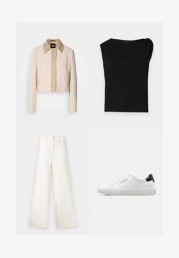 Cropped jacket in light beige tweed with a smooth beige collar, featuring a simple front closure and a textured woven design.; Black short-sleeve top made of smooth fabric. Features a round neckline and draped detail on the shoulder. Simple, fitted design.; Wide-leg trousers in light beige cotton. Features a high waist, front pockets, and a straight cut. Clean hem finishing without patterns.; White sneaker with a smooth finish, black heel accent, and lace-up design. Features "Calvin Klein" branding on the side. Minimalist style.