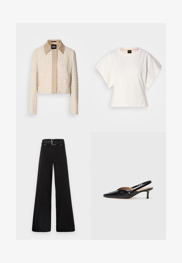 Cropped jacket in light beige tweed with a smooth beige collar, featuring a simple front closure and a textured woven design.; White cropped T-shirt, short wide sleeves, soft cotton material, round neckline with subtle orange trim, minimal design, no patterns or graphics.; Black wide-leg trousers made from cotton, featuring a high waist, large side pockets, and a belted waist with silver hardware accents.; Black patent leather slingback pump with a pointed toe, small heel, and a cutout design on the vamp. Gold-tone hardware accent on the side.