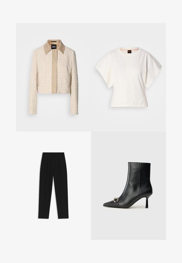 Ingekort jasje van lichtbeige tweed met een gladde beige kraag, voorzien van een eenvoudige sluiting aan de voorkant en een gestructureerd geweven ontwerp.; Witte gecropte T-shirt, korte brede mouwen, zachte katoenmaterialen, ronde halslijn met subtiele oranje rand, minimalistisch ontwerp, geen patronen of graphics.; Zwarte broeken met een rechte pasvorm, voorzien van dubbele plooien, een zachte textuur en een klassiek taillebandontwerp. Geen zichtbare hardware of accenten.; Zwarte leren enkelboot met spitse neus, slanke middenhoge hak en zilveren gespdetail aan de zijkant op een effen achtergrond.
