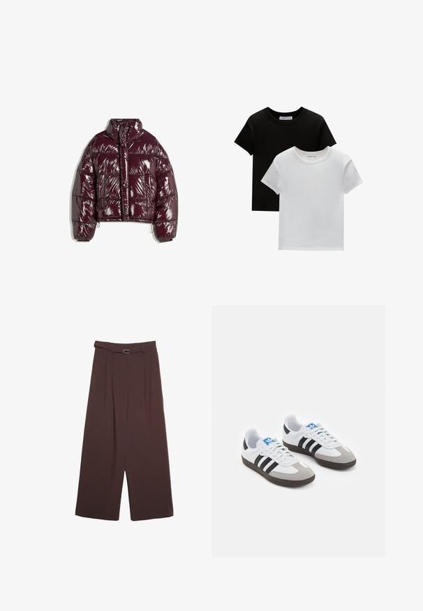 Lesklá, bordó zkrácená péřová bunda s vysokým límcem, horizontálním prošíváním, dvěma předními kapsami a nastavitelným stahovacím lemem.; Dvě trička s kulatým výstřihem v černé a bílé barvě, vyrobená z bavlny. Mají krátké rukávy a jednobarevný design bez vzorů nebo akcentů.; Stradivarius WIDE-LEG WITH BUCKLE DETAIL - Kalhoty - dark brown; Sportovní boty s bílým koženým svrškem, šedou semišovou špičkou a třemi černými pruhy. Obsahují modré logo na jazyku a texturovanou gumovou podrážku.