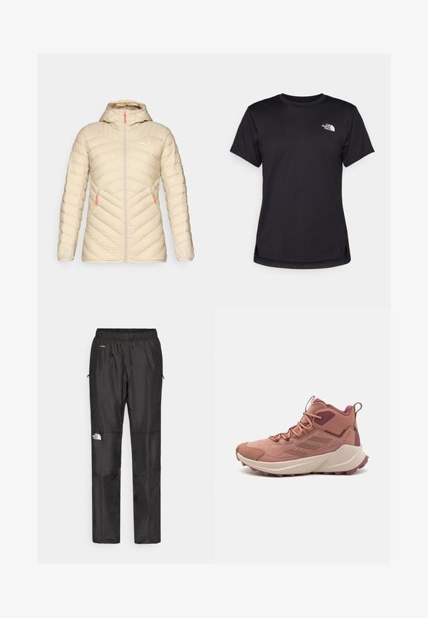 Salewa BRENTA - Jachetă cu puf - oatmeal; The North Face FLEX SHORT SLEEVES TEE - Bluză sport - black; Pantaloni impermeabili negri, confecționați dintr-un material ușor, cu o talie elastică, buzunare laterale și un logo pe piciorul stâng.; Și la hiking de culoare roz și vișiniu cu un material texturat, accente contrastante, o talpă căptușită și un model de profil dur pentru aderență.