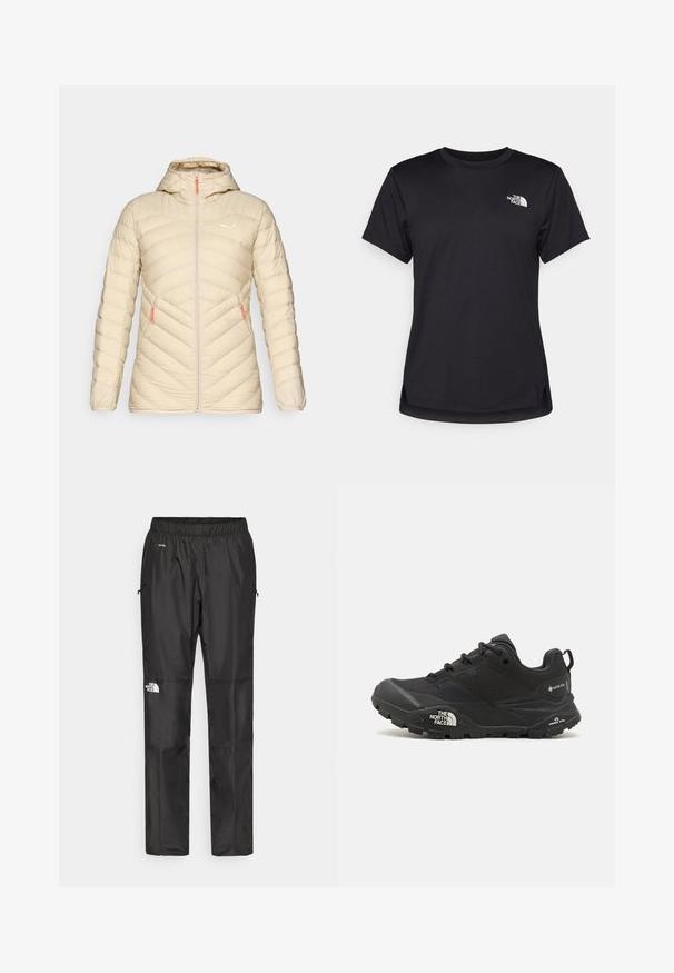 Salewa BRENTA - Dunjakke - oatmeal; The North Face FLEX SHORT SLEEVES TEE - T-skjorte til trening - black; Sorte vanntette bukser laget av lettvektig stoff, med elastisk midjebånd, sidelommer og en logo på venstre ben.; Svart tursko med teksturert overdel, snøring og en kraftig gummisåle som har et fremtredende logo på siden og mønster i sålen.