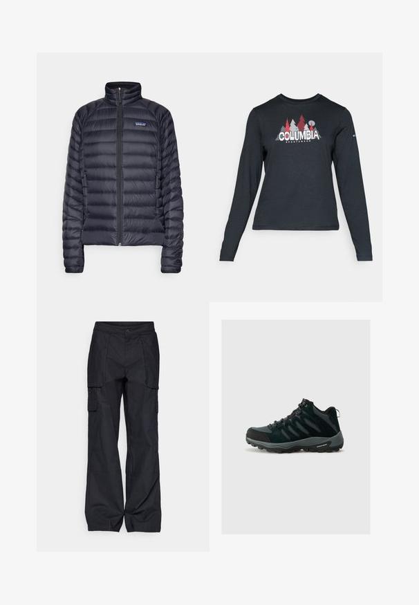 Tamsiai mėlynas pūkinis švarkas su priekiniais užtrauktukais, aukštu apykakle ir dviem šoninėmis kišenėmis. Yra siuvinėtos dalys ir "Patagonia" logotipas ant krūtinės.; Ilga rankovė tamsiai pilka marškinėliai su raudonų medžių ir kalnų grafika; drąsaus baltos spalvos teksto "COLUMBIA" logotipas. Minkšta medžiaga, standartinis apvalus kaklas.; Columbia BREA FALLS™ COTTON RIPSTOP PANT - Lauko kelnės - black; Columbia REDMOND - Turistiniai batai - black/citron haze