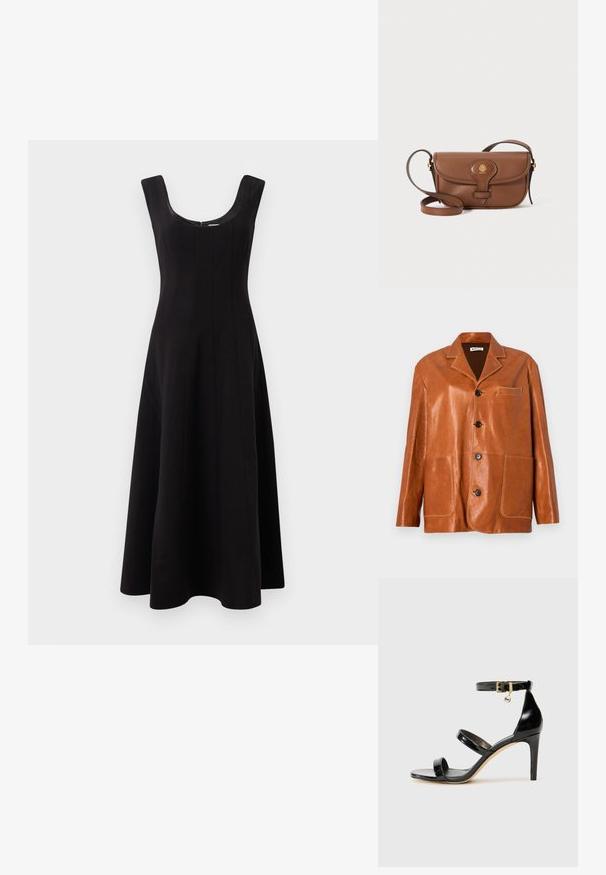 Brown leather jacket with a notched collar, front buttons, two large patch pockets, and a small chest pocket. Smooth texture with subtle shine.; Black dress with a scoop neckline, sleeveless design, and a flared A-line silhouette. Features vertical seam detailing for structure.; Black patent leather sandal with three straps, ankle buckle, and 4-inch stiletto heel. Features gold hardware detail and logo charm.; Brown leather crossbody bag with a curved flap, gold hardware, and a decorative logo. The strap is adjustable and features a smooth texture.