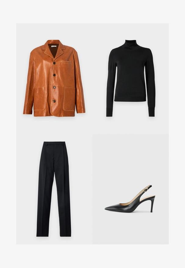 Brun læderjakke med klappet krave, frontknapper, to store påsyede lommer og en lille brystlomme. Glat tekstur med en subtil glans.; Sort langærmet turtleneck sweater med ribbede manchetter og kant, vist på en simpel hvid baggrund.; Sorte bukser lavet af glat stof, der har høj talje, brede ben, frontfolder og klassiske bælteløkker. Ingen synlige sidelommer.; Sorte læder slingback højhælede sko med spids tå, justerbar rem og en slank stiletto hæl, der har en glat finish.