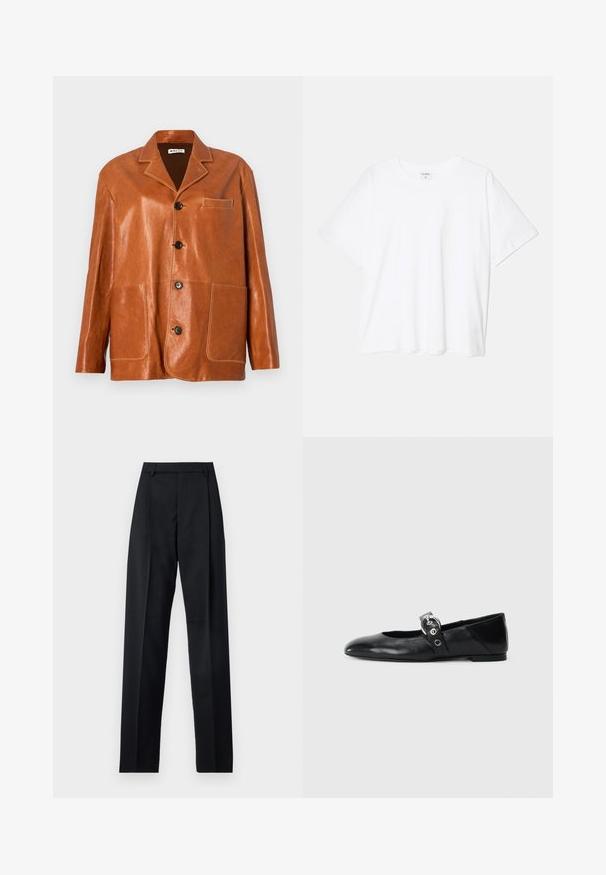 Bruine leren jas met een notch-kraag, knopen aan de voorkant, twee grote opgestikte zakken en een klein borstzakje. Soepele textuur met een subtiele glans.; Witte katoenen t-shirt met korte mouwen, ronde halslijn, comfortabele pasvorm en gestikte zoom. Etiket zichtbaar aan de binnenzijde van de hals.; Zwarte broek gemaakt van gladde stof met een hoge taille, wijde benen, voorplooien en klassieke ceintuurlussen. Geen zijzakken zichtbaar.; Zwarte leren balletschoenen met een spitse neus, voorzien van een band met een ronde metalen gesp en een platte zool.