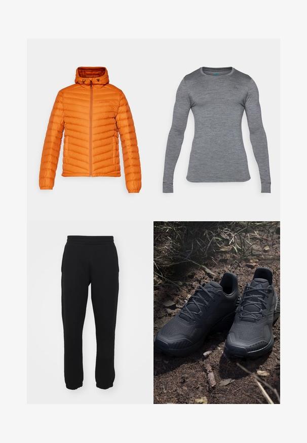 Orange padded jacket with a hood, featuring a front zipper, chevron stitching, and elastic cuffs. Lightweight with a smooth texture.; Long-sleeve gray shirt made of a textured, lightweight material with a crew neck and fitted design. Small logo detail on chest.; Black sweatpants made of cotton blend, featuring an elastic waistband, tapered legs, and ribbed cuffs at the ankles. Simple design, no patterns.; Black athletic shoes with a textured knit upper, reinforced toe, and cushioned sole, displayed on earthy ground with scattered twigs.