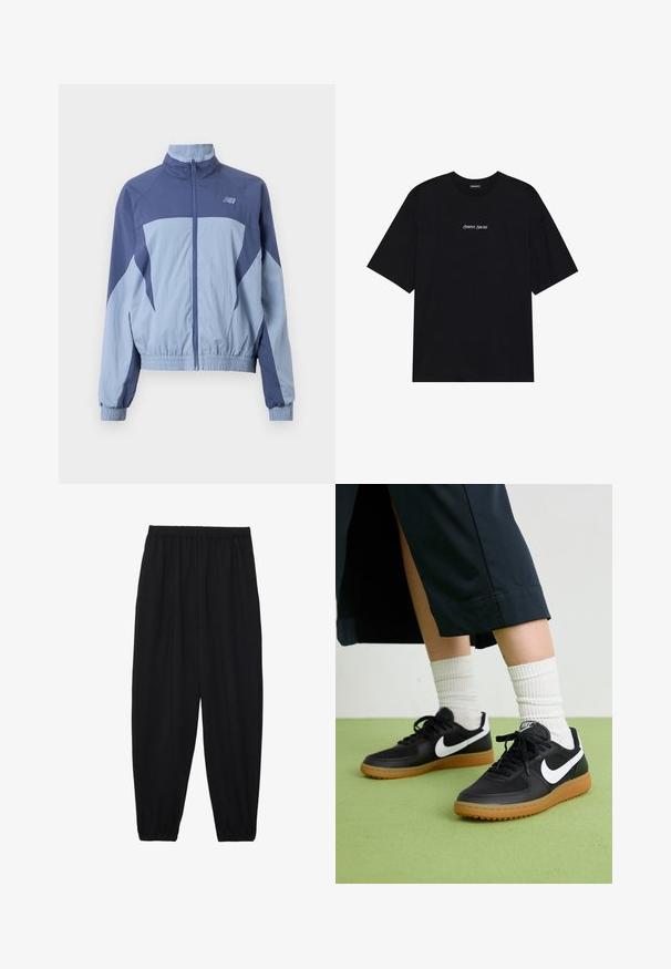 Sinine ja helesinine tuulejakki, millel on püsti krae, elastsed mansetid ja logo vasakul ülal. Kerge kangas.; Must tees musta musta musta featured short sleeves ja ringi kaelusega disain. Esiküljel on keskelt valge tekst "Positiivne Siiras".; Mustad, kerge kangas püksid elastse vöökoha ja kokku volditud pahkluudega. Kanga pind on sile ja disain on lõdvestunud, kitsenev.; Mustad nahast ja sünteetilised sneekerid valge Nike logoga, kummist gumme, ümar nina ja mustad paelad. Näha ribakujulisi valgeid sokke.