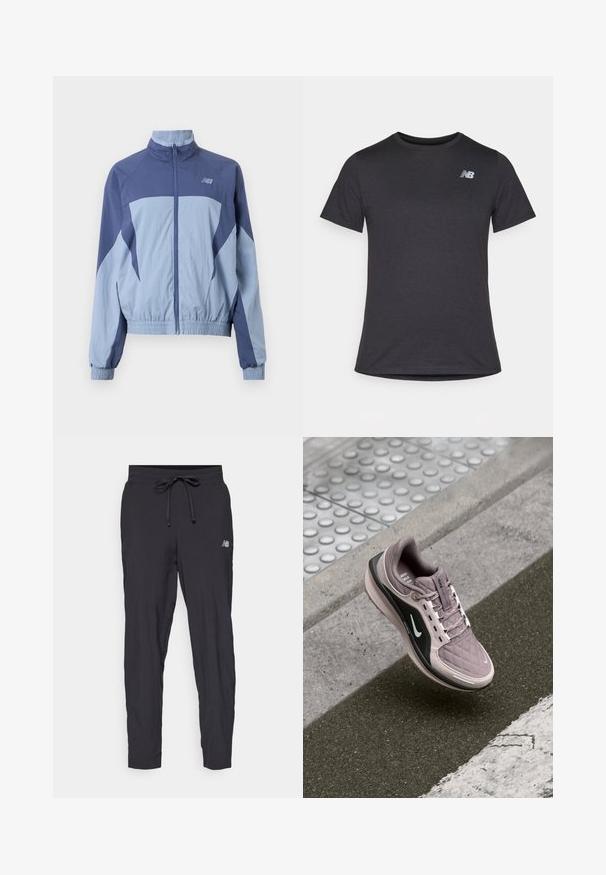 Jachetă de vânt albastră și albastru deschis, cu guler înalt, mânici elastice și un logo în partea stângă sus. Material ușor.; Tricou scurt cu mânecă neagră, fabricat dintr-un material moale, având un mic logo gri New Balance pe pieptul din stânga sus, cu un design clasic de gât.; Pantaloni de antrenament negri, confecționați dintr-un material ușor, cu talie elastică și șnur ajustabil. Au un mic logo pe lateral.; Pantofii sport de culoare violet deschis au o textură quilted, cu accente negre pe laterale și un logo alb. Acestia au șireturi și o talpă căptușită pentru confort.