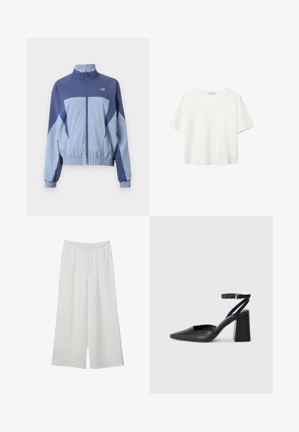 Blå og lyseblå vindjakke med ståkrave, elastiske ærmer og et logo på den øverste venstre side. Letvægtsstof.; Hvid kortærmet t-shirt lavet af bomuld. Har en rund halsudskæring og en afslappet pasform. Glat tekstur uden synlige mønstre eller detaljer.; Hvide vidde bukser lavet af letvægtsstof, med en elastisk talje og snøre for justerbar pasform. Glat tekstur.; Sort læder spidse pumps med ankelrem og en chunky hæl. Flad tekstur, slankt design og minimalistisk æstetik.