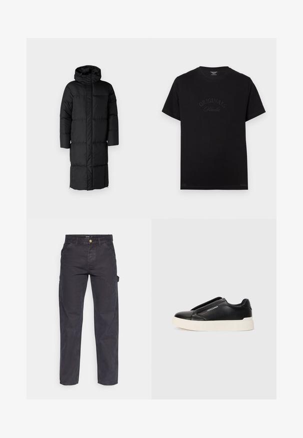 Fekete pufi kabát kapucnival, hosszú sziluettel és nagy steppelt részekkel. Elöl cipzárral és oldalsó zsebekkel rendelkezik.; Fekete pamut póló rövid ujjakkal és kerek nyakkivágással. Az elején tónusos betűkkel a "ORIGINALS Studio" felirat látható.; Sötétszürke cargo nadrág tartós anyagból, egyenes szárú fazonnal, öt zsebbel és gombos derékzárral.; Fekete slip-on sneaker, textúrált bőrfelsővel, fehér gumitalppal és láthatatlan fűzőkkel. Az oldalon a márka logója található.