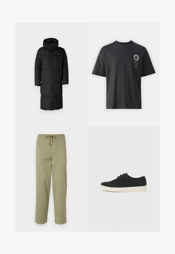 Culoare neagră, pălărie tip puffer cu glugă, având o silueta lungă și secțiuni mari matlasate. Include un fermoar frontal și buzunare laterale.; Tricou din bumbac negru, cu mâneci scurte, guler rotund și grafica frontală a unui soare și a unei luni, însoțită de textul "Le Soleil et La Lune."; Pantaloni de culoare verde măslin deschis, confecționați dintr-un amestec de bumbac, cu un tiv elastic și șnur, și două buzunare laterale mari.; Pantofi negri din suede, cu sireturi, cu vârful rotund, talpă ușoară de culoare crem și accente subtile de cusuturi albastre pe partea superioară.