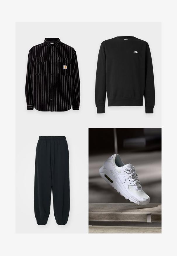 Melna garenām piedurknēm krekls ar baltām vertikālām joslām, ar platām apkaklēm, diviem krūšu kabatām un mazu logotipa uzšuvumu.; Melnā džemperis no kokvilnas ar apaļu izgriezumu, gariem piedurknēm un mazu balto Nike logotipu augšējā kreisajā krūtī.; Melnas sporta bikses ar elastīgu jostasvietu, brīvu piegriezumu, aprocēm ap potītēm, gludu tekstūru, un bez redzamām rakstu vai aparatūras akcentiem.; Baltas Nike Air Max 90 sporta apavi ar sietu un ādas augšdaļu, caurspīdīgu pirksta daļu un redzamu gaisa vienību papēdī.