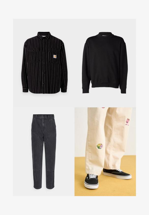 Zwarte blouse met lange mouwen en witte verticale strepen, met een spreidkraag, twee borstzakken en een klein logo-label.; Zwarte sweatshirt met een hoge, geribbelde kraag, lange mouwen en een relaxte pasvorm. Zachte textuur met geribbelde manchetten en onderrand.; Zwarte denim jeans met een hoge taille, rechte pijpen en grote voorzakken. Kenmerkt zich door contrasterende stiksels en geen zichtbare logo's.; Beige katoenen broek met speelse geborduurde ontwerpen, waaronder een roze figuur en een gekleurd blok, gecombineerd met zwarte veterschoenen.