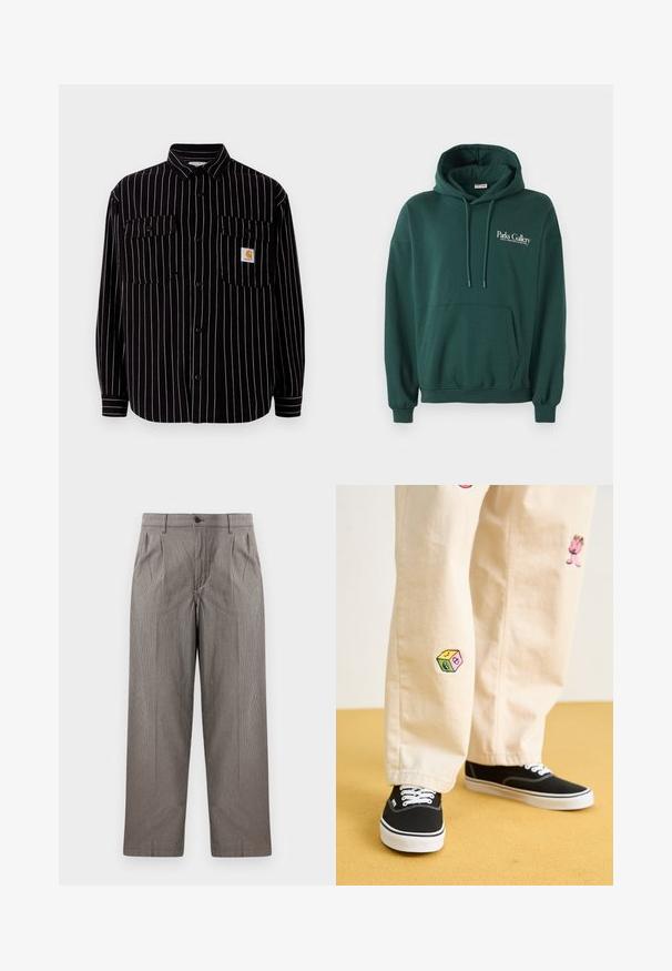 Must musta varrukatega särk valgete vertikaalsete triipudega, varustatud laia krae, kahe rinna tasku ja väikese logopatchiga.; Tume roheline kapuutsiga sviiter, mis on valmistatud pehmest kangast, millel on kenguru tasku, paelad ja valge tekstilogo vasakul rinnakorvil.; Hallid halli houndstooth-trükk mustriga püksid sirge lõikega, millel on voldid, nööbiga kinnitatav vöökoht ja küljetaskud.; Bežistestased püksid, millel on mängulised tikandid, sealhulgas roosa tegelane ja värvikad plokid, koos mustade nöörkingadega.