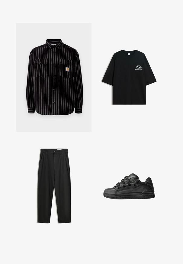 Zwarte blouse met lange mouwen en witte verticale strepen, met een spreidkraag, twee borstzakken en een klein logo-label.; Zwarte oversized katoenen t-shirt met een ronde halslijn en korte mouwen, met een witte "Shibuya" logo gedrukt op de voorkant.; Zwarte katoenen broeken met een losse pasvorm, voorzien van een klassieke tailleband, voorplooien en zijzakken. Gladde structuur zonder patronen.; Zwarte sneakers met een glad leren bovenwerk, gearceerde accenten en ronde zwart-witte veters. Dikke rubberen zool met een geprofileerd loopvlak.