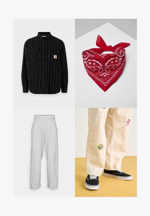 Musta pitkähihainen paita, jossa on valkoisia pystysuoria raitoja, levitetty kaulus, kaksi rintataskua ja pieni logopatchi.; Valkoinen ylisuuri t-paita, jossa on lyhyet hihat, pyöreä pääntie ja pehmeä puuvillakangas. Kauluksessa on musta etiketti. Ei kuvioita tai korostuksia.; Vaaleanharmaat, leveälahkeiset collegehousut, joissa on joustava vyötärö ja sivutaskut. Pehmeä kangas, jossa on risareunat lahkeiden suuaukoissa.; Beige puuvillahousut leikkisillä brodeeratuilla kuvioilla, mukaan lukien vaaleanpunainen hahmo ja värikäs lohko, yhdistettynä mustiin nauhakengiin.; Punainen puuvillapäänsuoja, jossa on valkoiset paisley-kuviot, kolmion muotoinen ja ylhäältä painetusti solmittu.