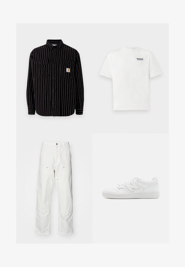 Zwarte blouse met lange mouwen en witte verticale strepen, met een spreidkraag, twee borstzakken en een klein logo-label.; Witte katoenen T-shirt met een blauw geborduurd logo "Timberland Rugged Active Gear" op de bovenste linkerborst. Korte mouwen en ronde hals.; Witte katoenen cargobroeken met een relaxte pasvorm. Kenmerken zijn onder andere voorzakken, gouden hardware accenten en versterkte kniezones.; Witte sneaker van glad leer, met geperforeerde neus, een gestructureerde rubberen zool, platte veters en een prominente 'N' logo aan de zijkant.